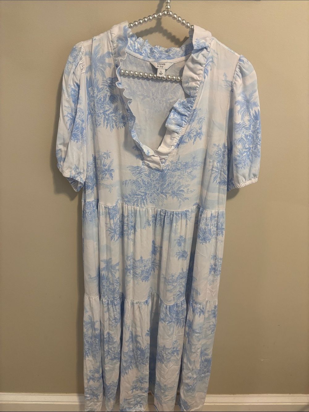 Crown & Ivy Dress Large Blue White Toile Floral Tiered Ruffle V Neck Rayon Midi